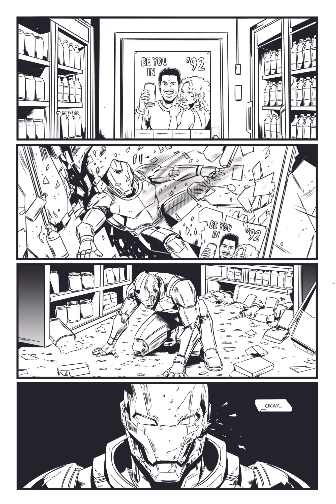A woman in a store looks at a poster, then a superhero crashes through shelves, and a man in armor faces forward.