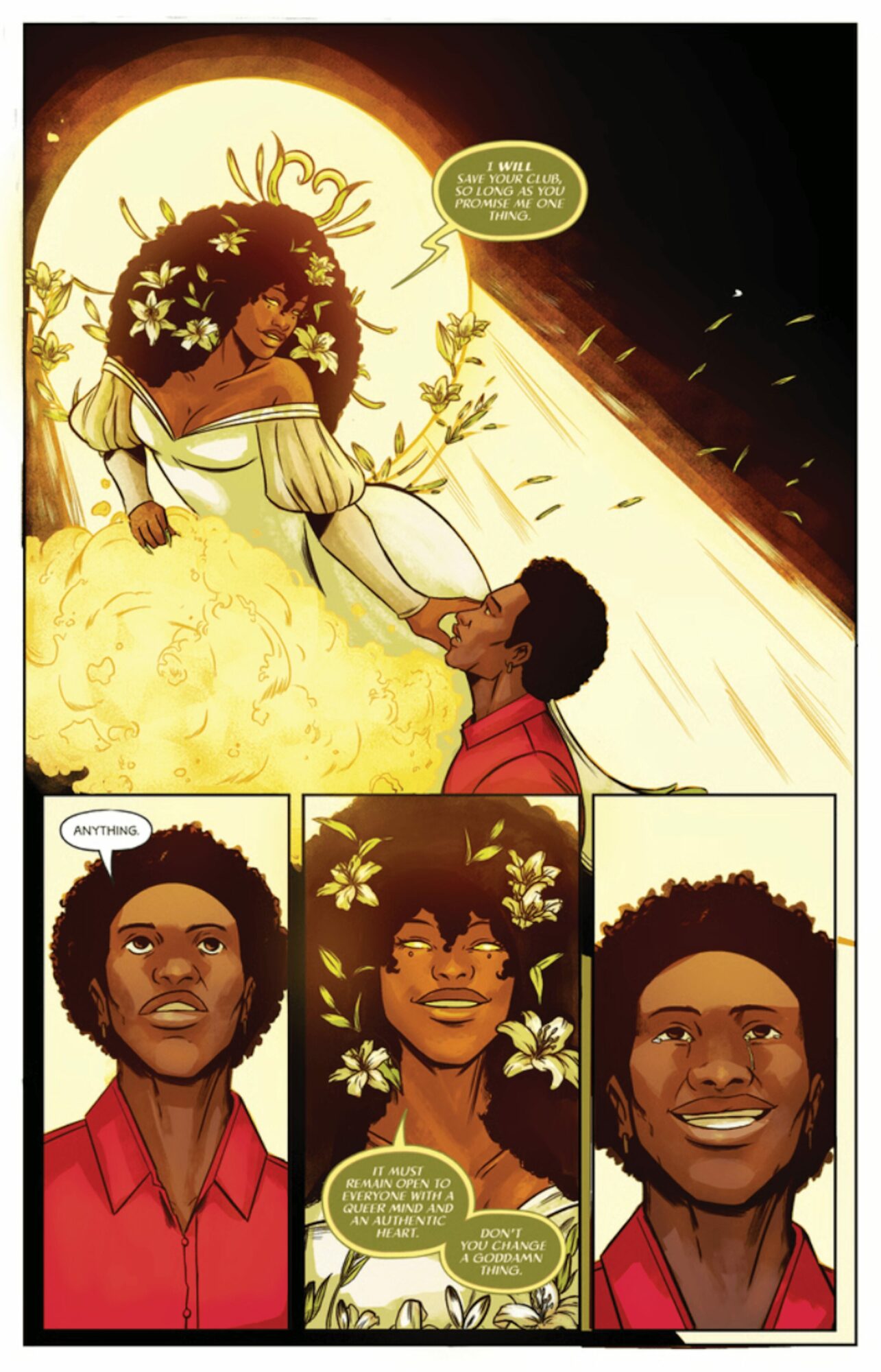 A person with flowers in their hair leans over a waterfall, talking to a man with curly hair. Three close-up portraits of the person show different expressions, with speech bubbles. The scene is bright and colorful.