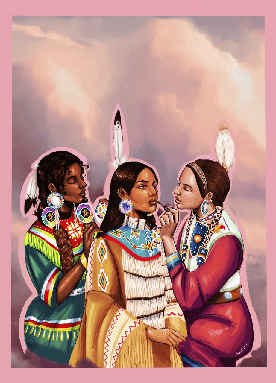 Three women in colorful traditional attire with feathered headpieces, engaging in a conversation against a cloudy sky background.