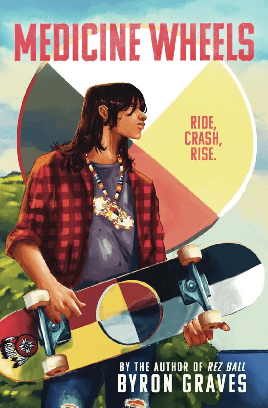 Young woman with dark hair holding skateboard outdoors, mountains and sky in background, book title and author text overlay.