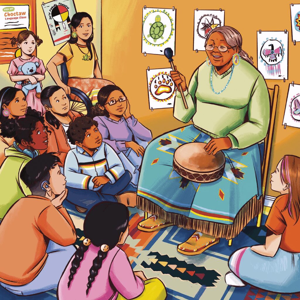 Elderly woman playing drum for children in classroom with animal drawings on wall, children sitting and listening attentively.