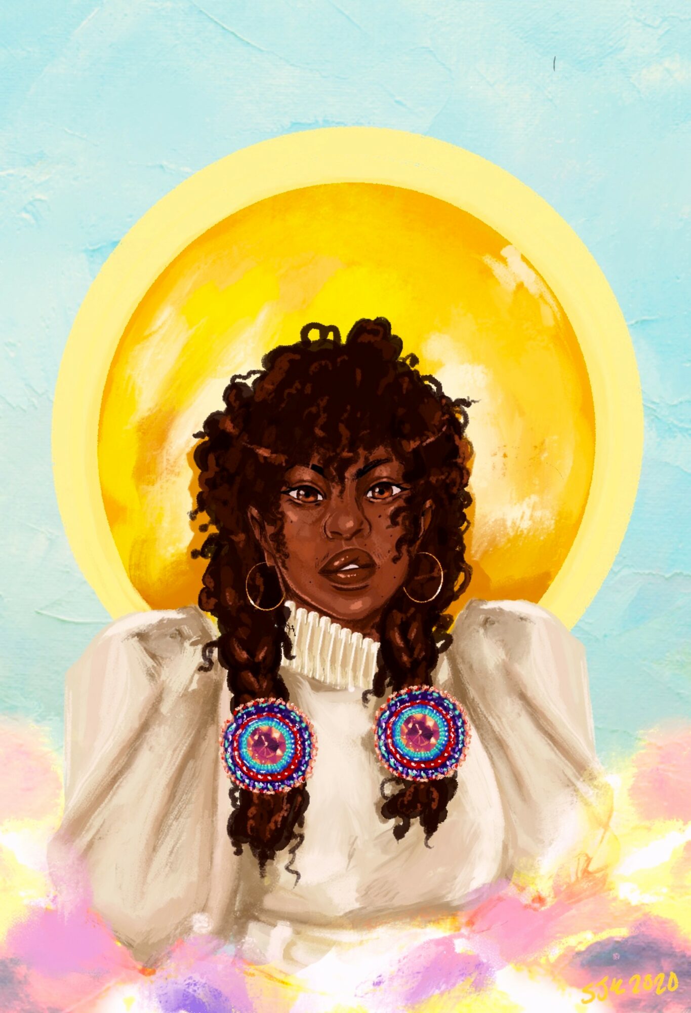 Portrait of a woman with curly hair, wearing a white top with puffed sleeves and colorful earrings, against a yellow circular background.
