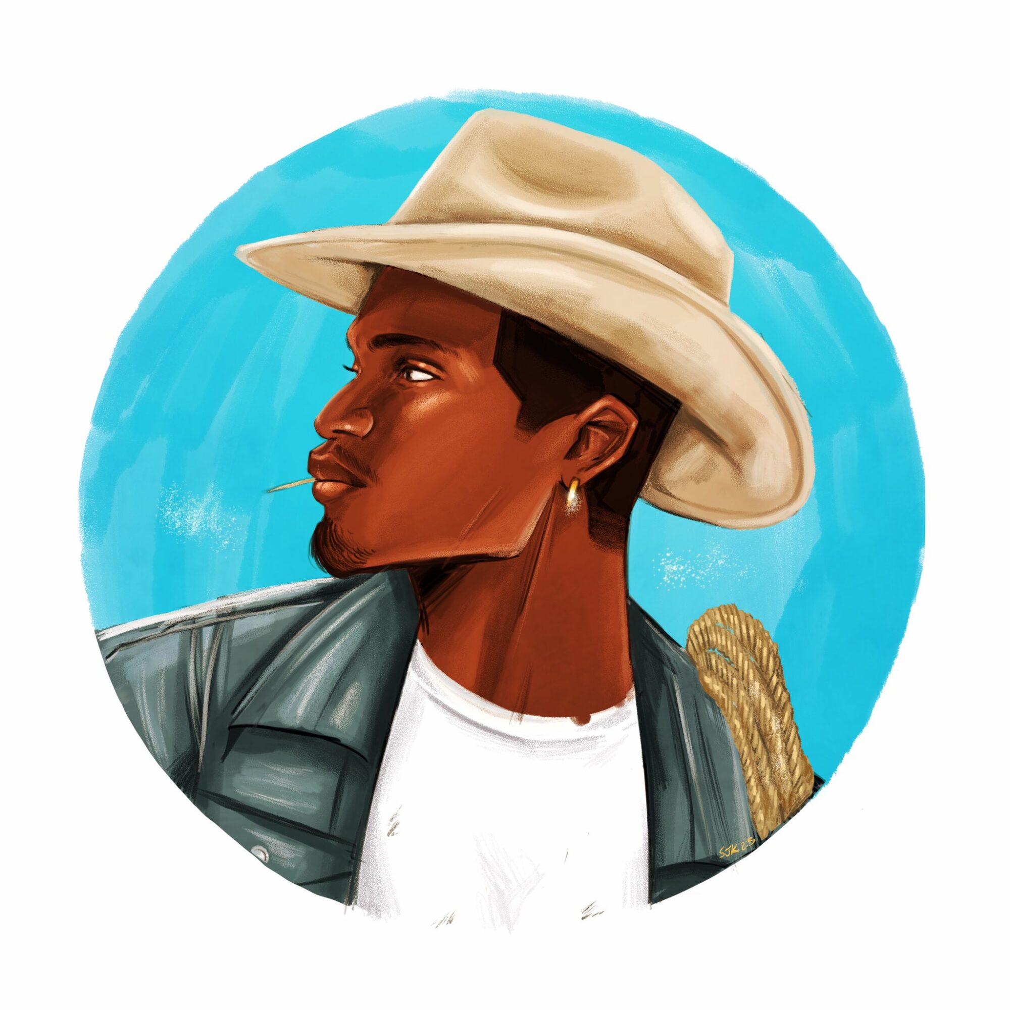 Portrait of a person wearing a wide-brimmed hat, leather jacket, and white shirt, with a blue background.