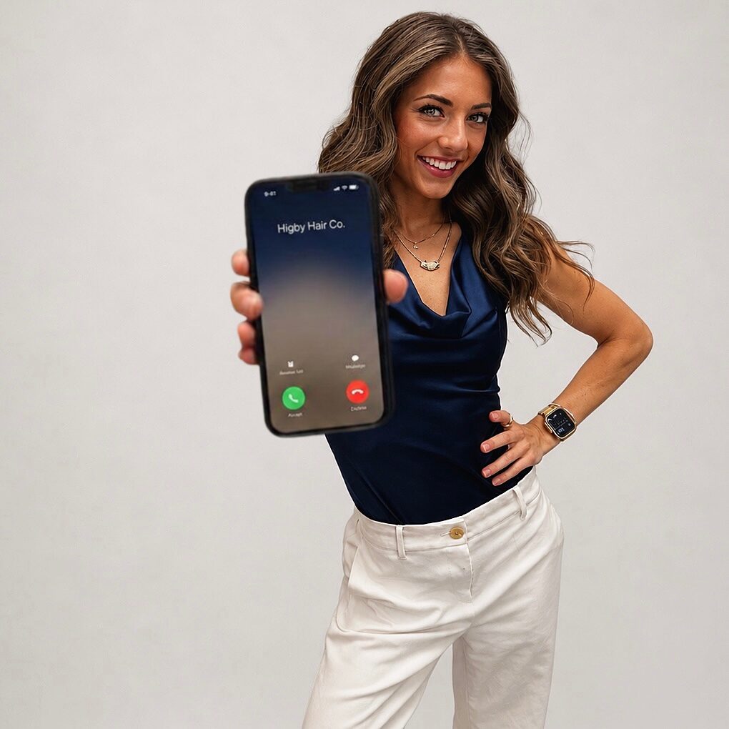 Woman with long wavy hair holding a phone showing an incoming call, smiling, wearing a navy top and white pants.