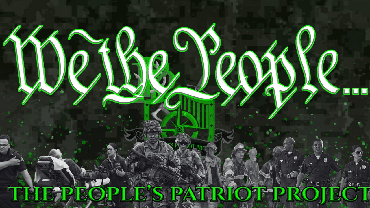 Neon green text reads 'We the People' above a group of people holding a flag, with additional text 'The People's Patriot Project' at the bottom.