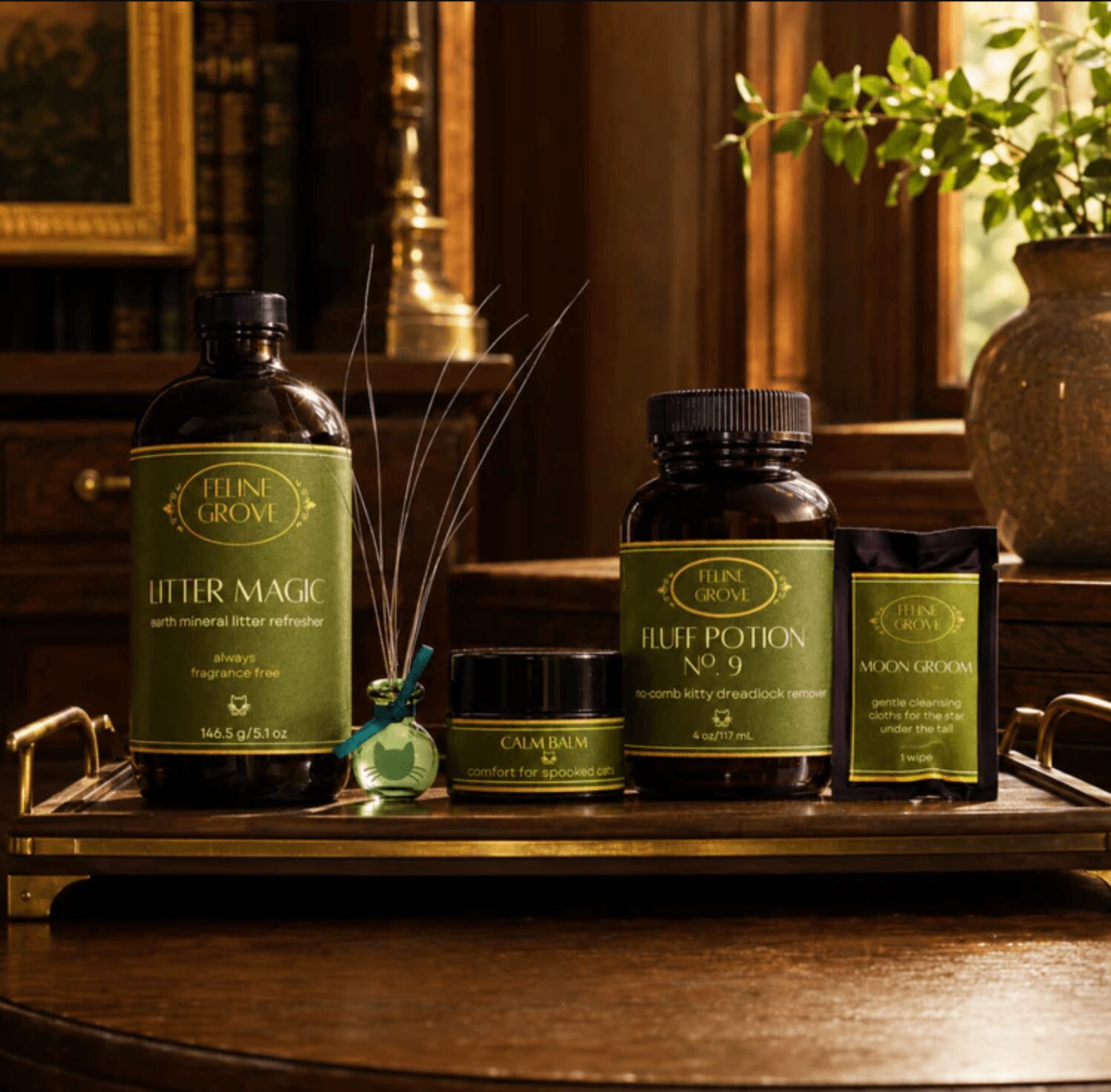 Collection of green-labeled bottles and containers on a tray, with a plant and window in the background.
