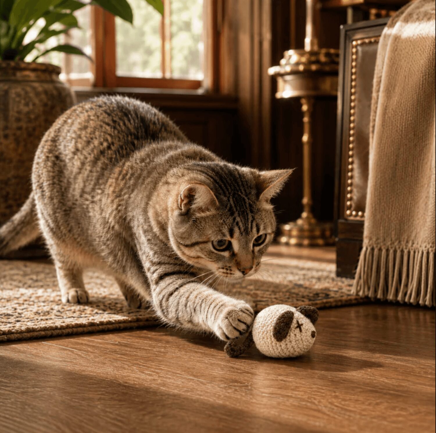 Cat playing with a small ball on a wooden floor in a cozy room, sunlight coming through window, furniture visible.