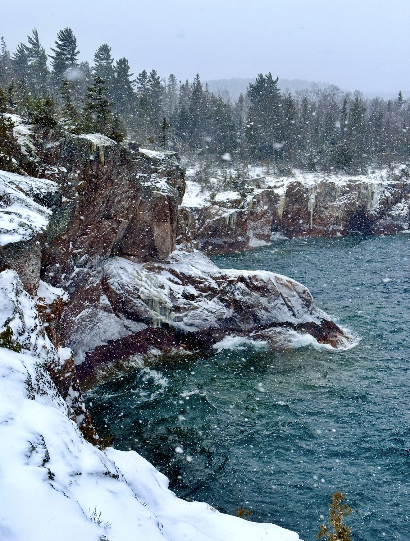 Snow-covered rocky shoreline with trees and water, overcast sky, winter landscape.