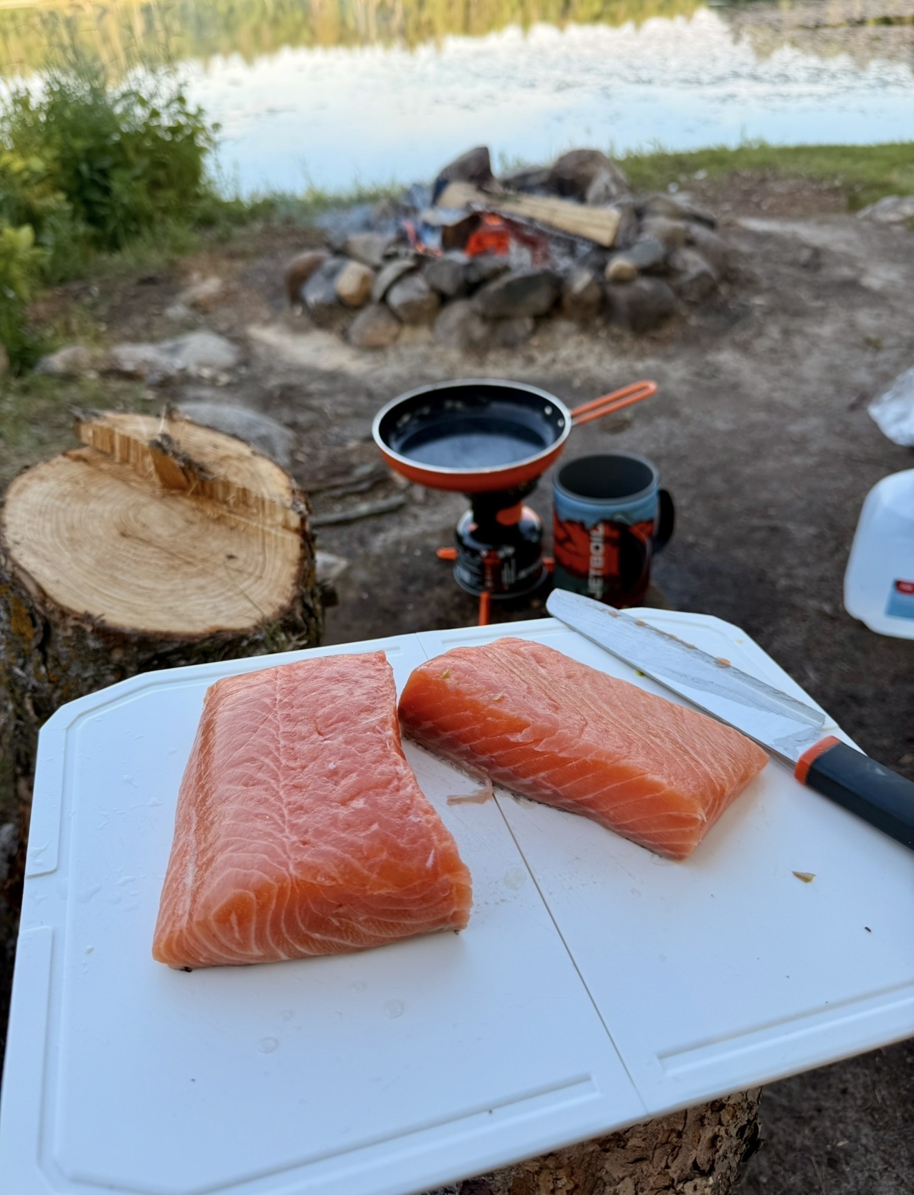 Two pieces of raw salmon on a white cutting board outdoors near a campfire and lake, with a knife and cup nearby.