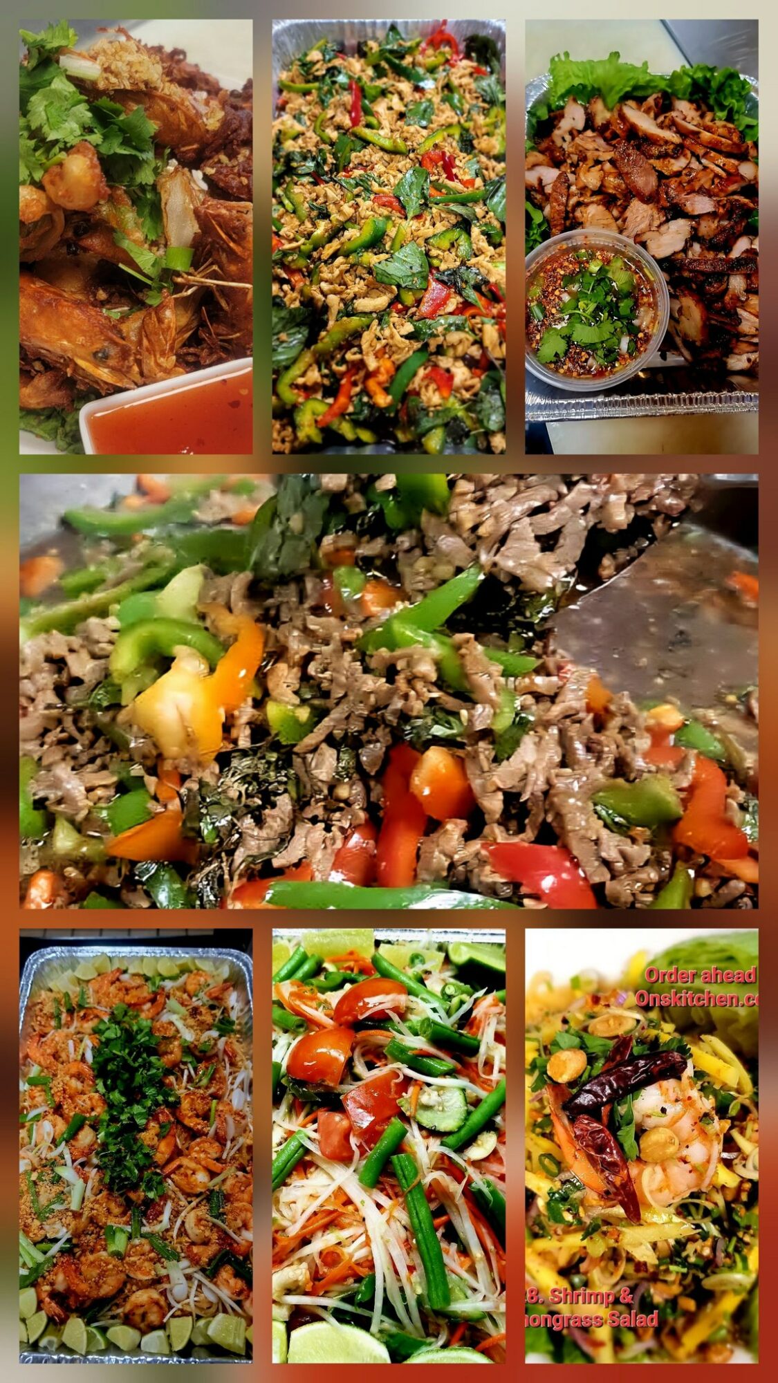 Six images of various cooked dishes, including salads, stir-fries, and meat dishes, arranged in a collage.