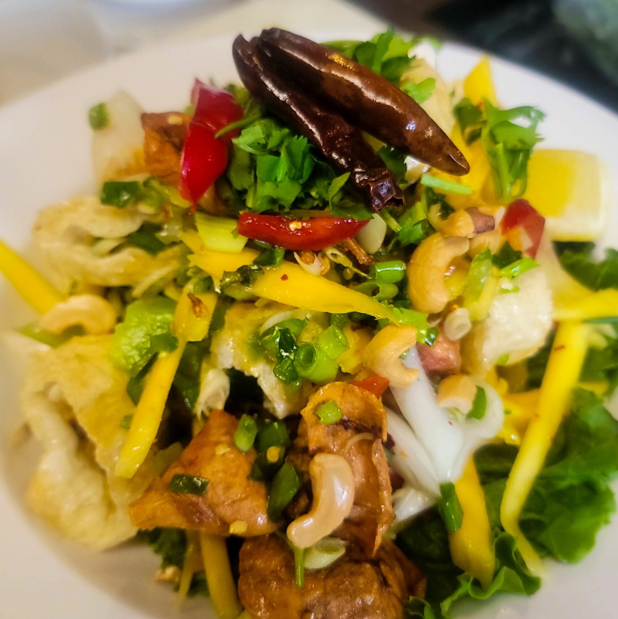 Colorful vegetable and meat dish with peppers, green onions, and herbs on a white plate.