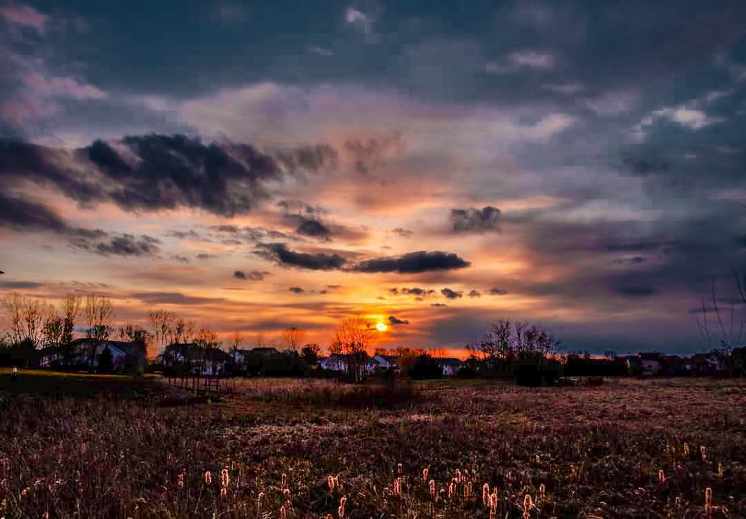 Sunset over a field with clouds in the sky, trees in the distance, and a colorful horizon.
