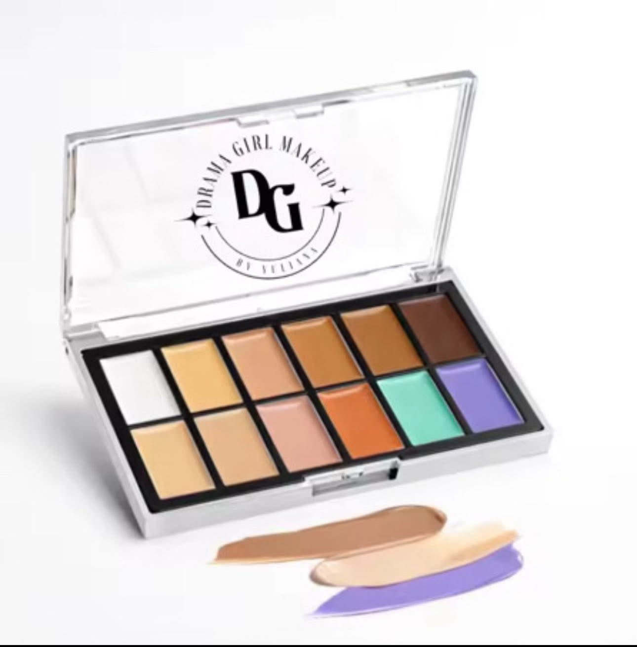 Open makeup palette with twelve shades and three swatches in front, logo on lid, neutral background.