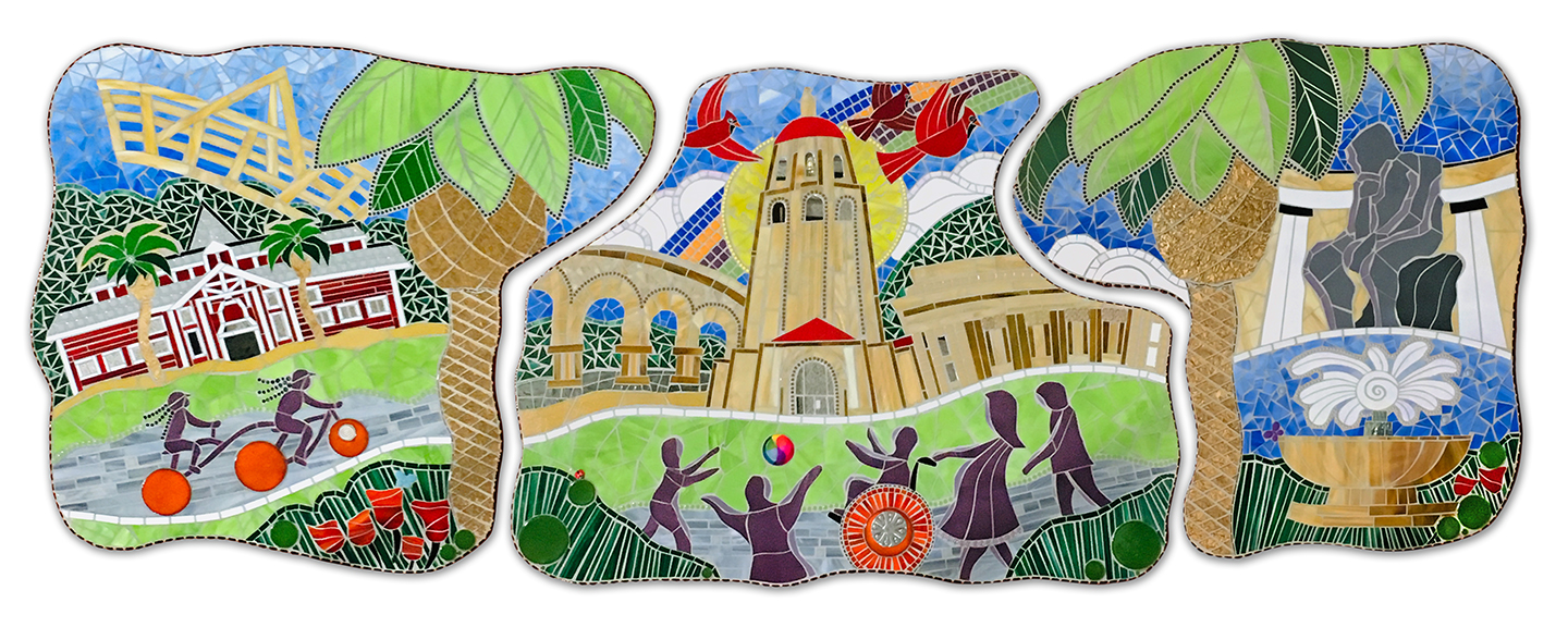 Colorful illustration of a park with trees, a playground, a bridge, and people engaging in outdoor activities.