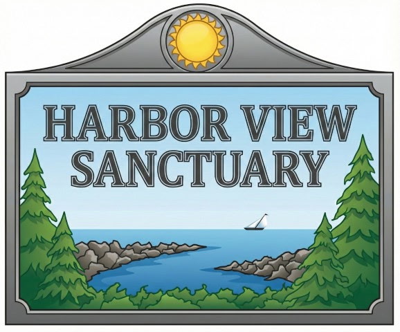 Sign with a sun emblem, trees, water, and a boat, reading 'Harbor View Sanctuary'.