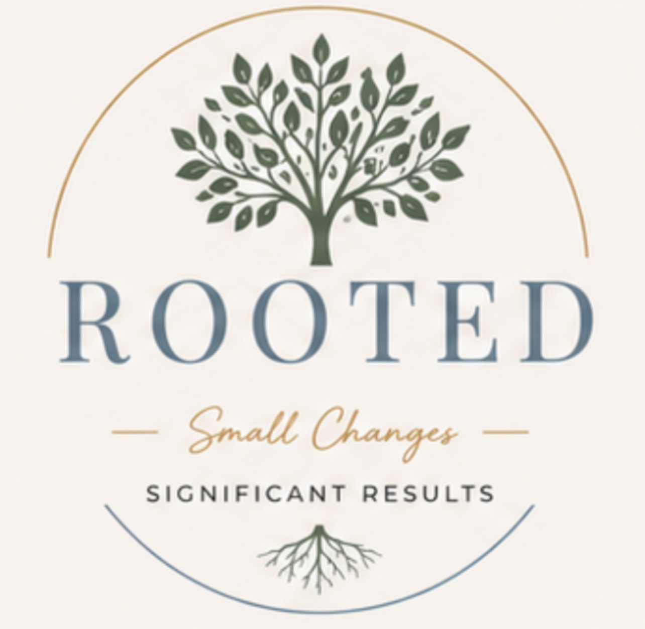 A logo with a tree, the word 'ROOTED', and the phrase 'Small Changes' and 'Significant Results', with roots and branches.