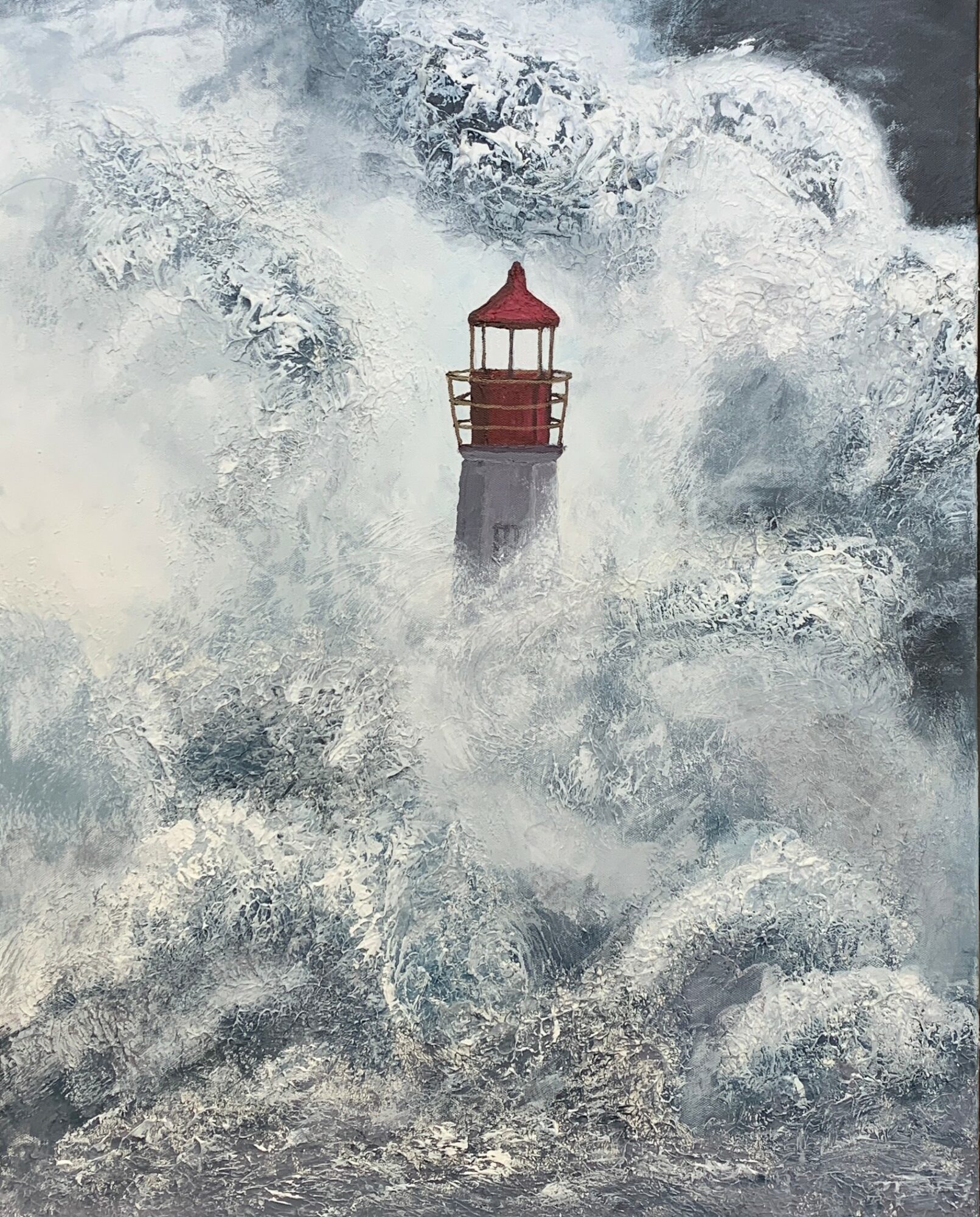 A lighthouse stands amidst large crashing waves and turbulent water, with a cloudy sky in the background.