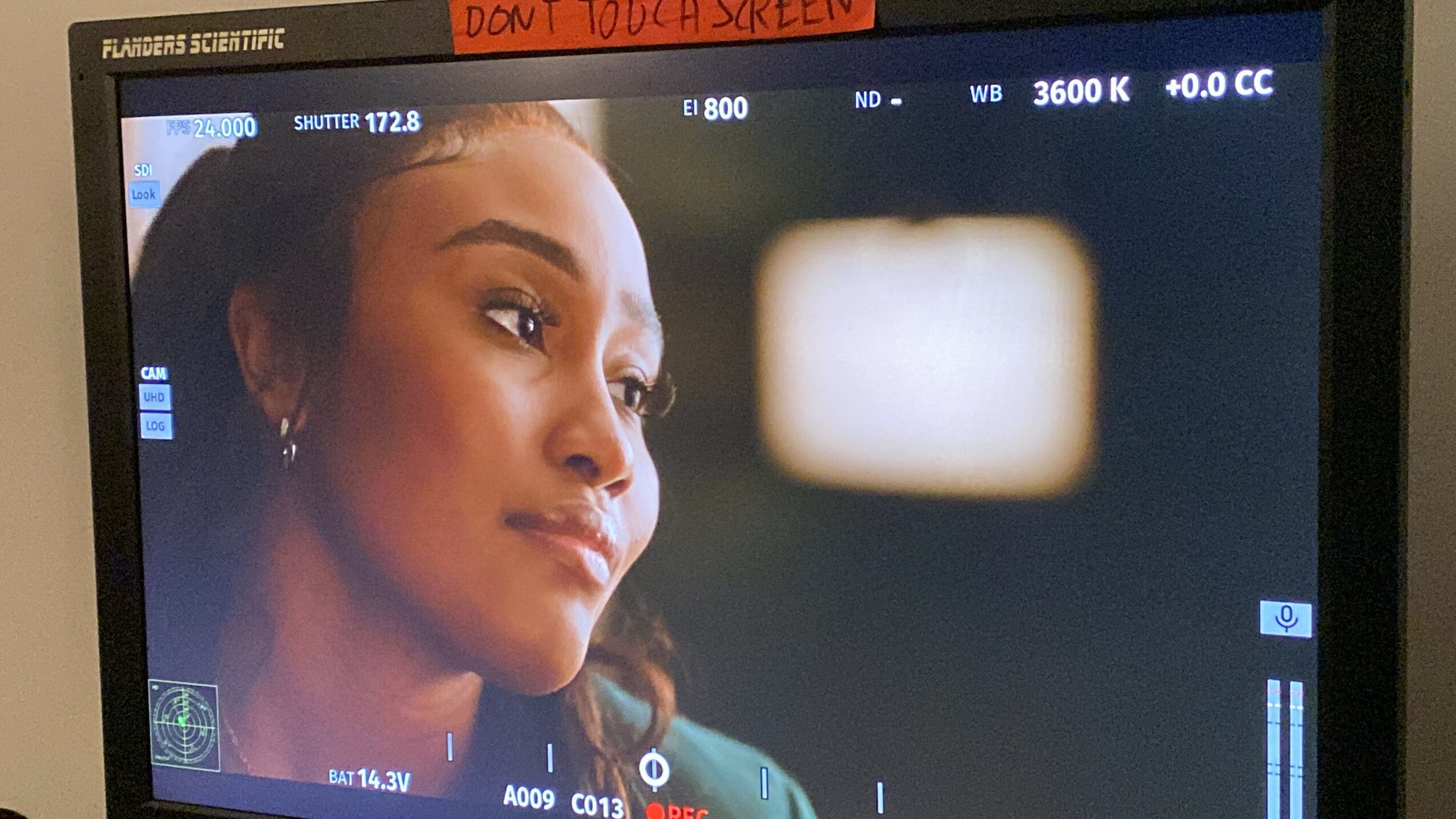 Close-up of a woman with dark hair and earrings looking to the side, on a film or photo shoot monitor.