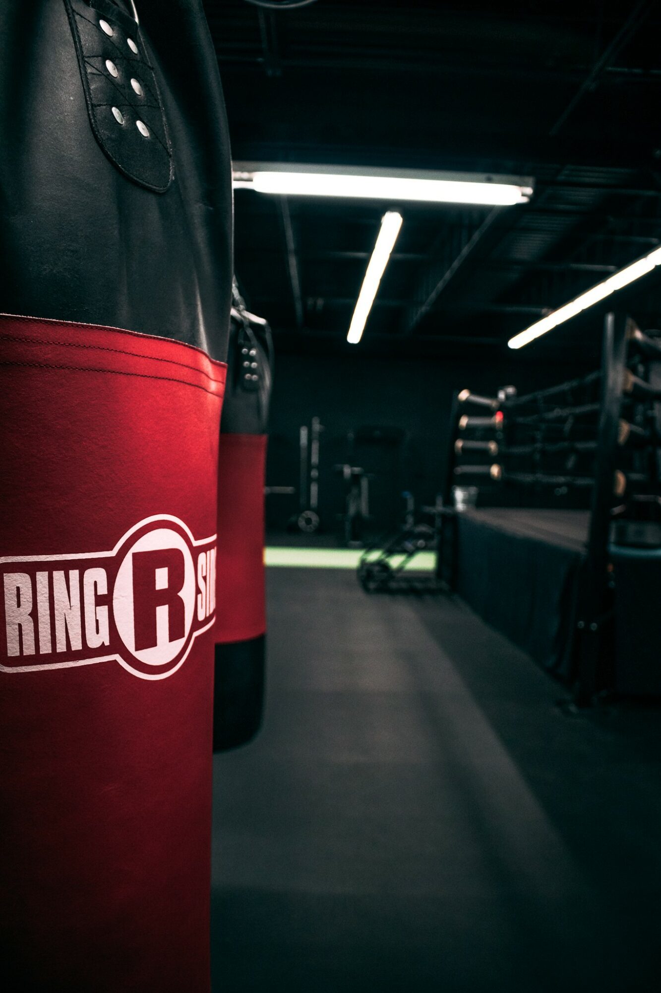 Boxing punching bag in a gym with bright ceiling lights and workout equipment in the background.