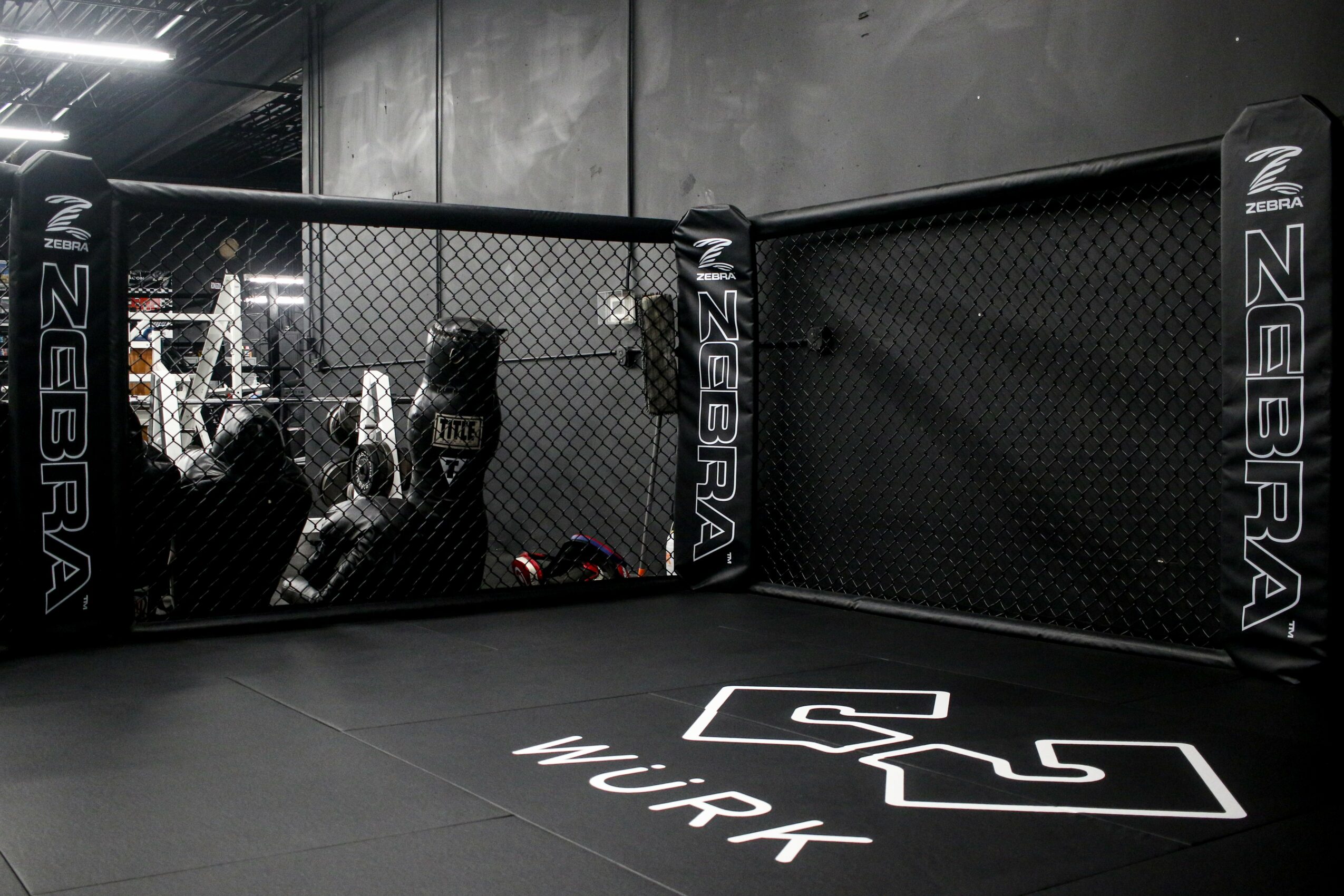 Mixed martial arts training area with a black padded floor and a chain-link fence, ZEBRA branding, and a white logo on the floor.