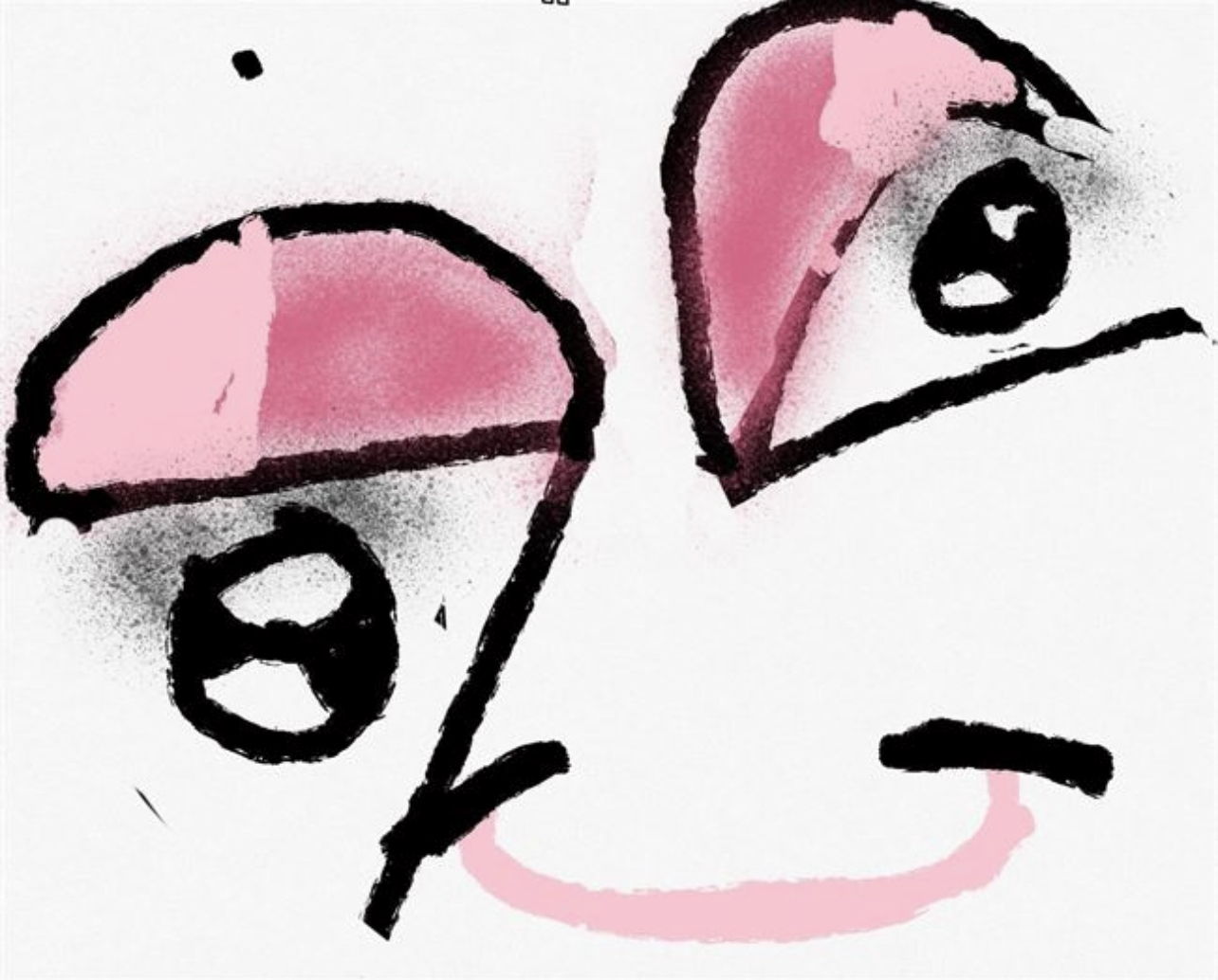 Abstract drawing of two faces with pink and black features, one with an eye and the other with a mouth.