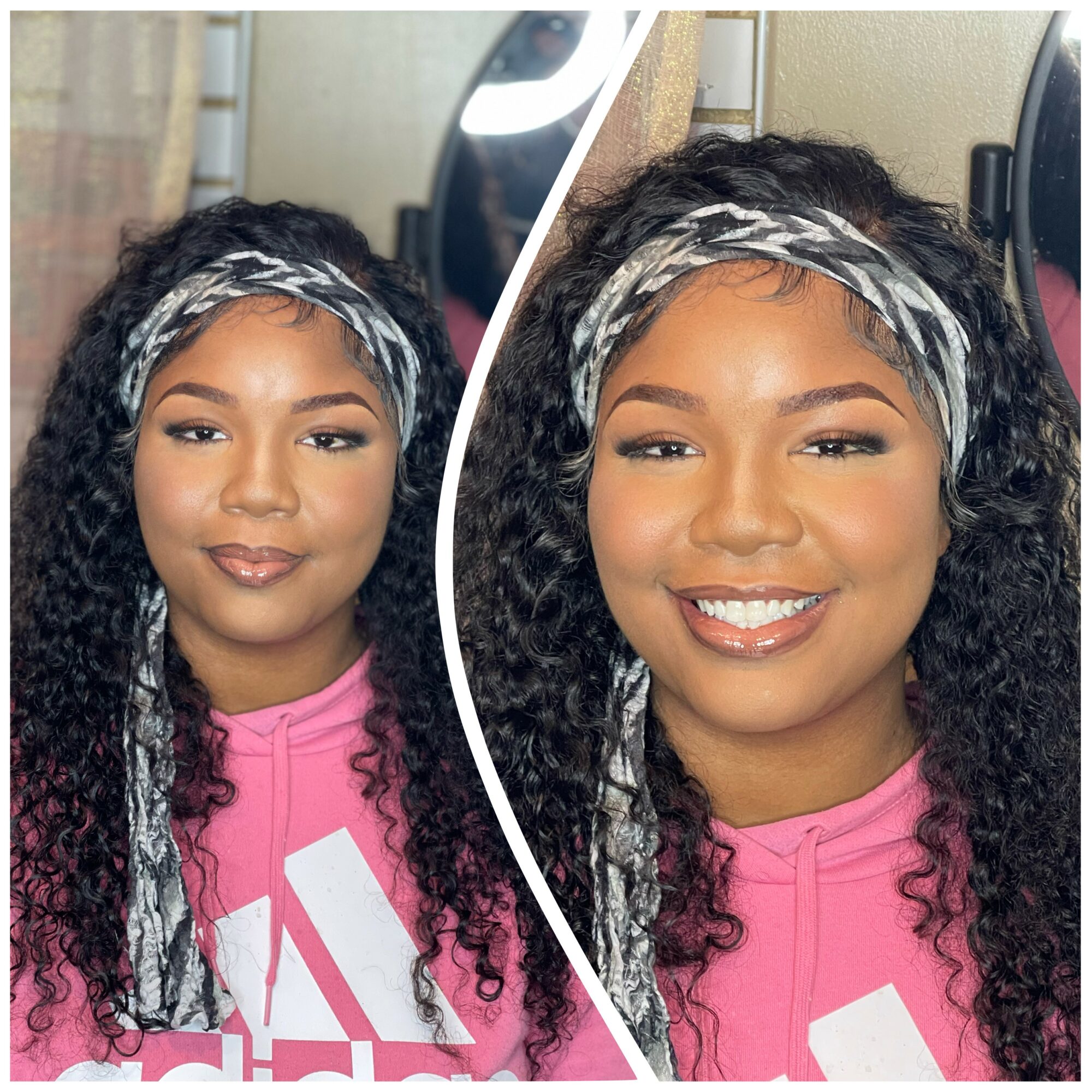 Side-by-side images of a smiling woman with curly hair and a headband, wearing a pink hoodie, in a mirror reflection.
