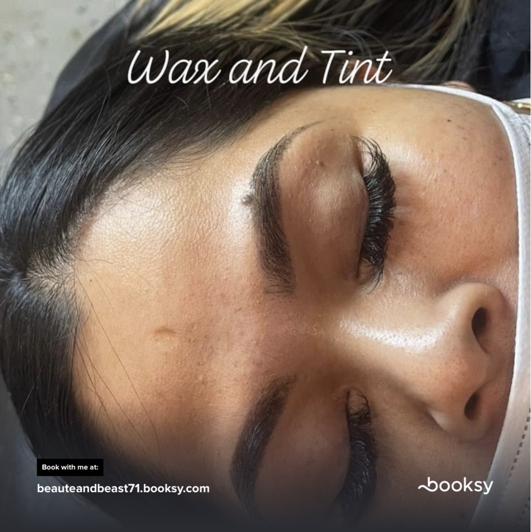 Close-up of a woman's face with makeup, eyes closed, showing eyebrows and eye makeup, with text 'Wax and Tint'.