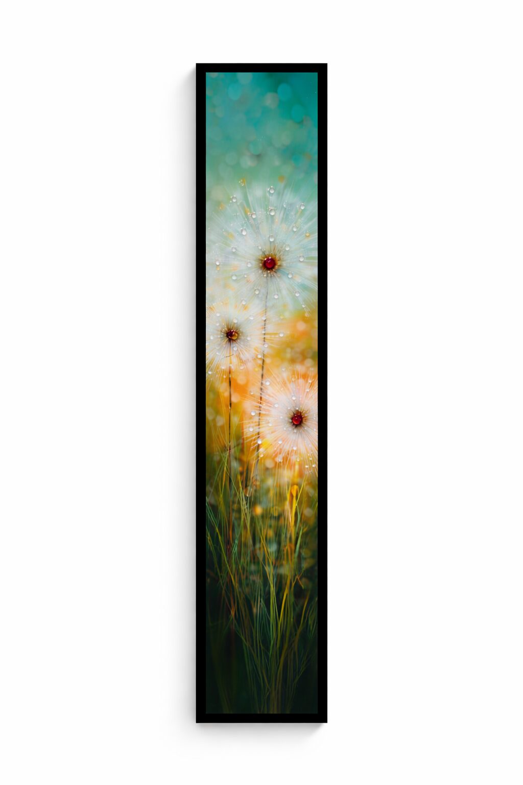 Vertical artwork of dandelions in a field with a colorful sky background, featuring white flowers and green grass.
