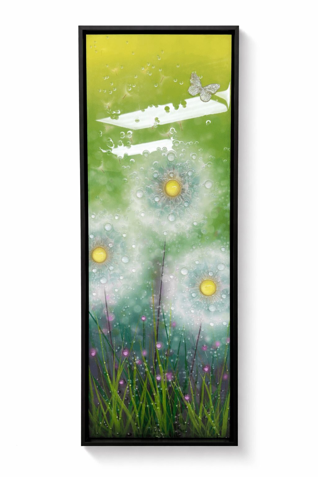 Vertical digital artwork with a green background, dandelions, a dragonfly, and glowing yellow orbs, framed in black.