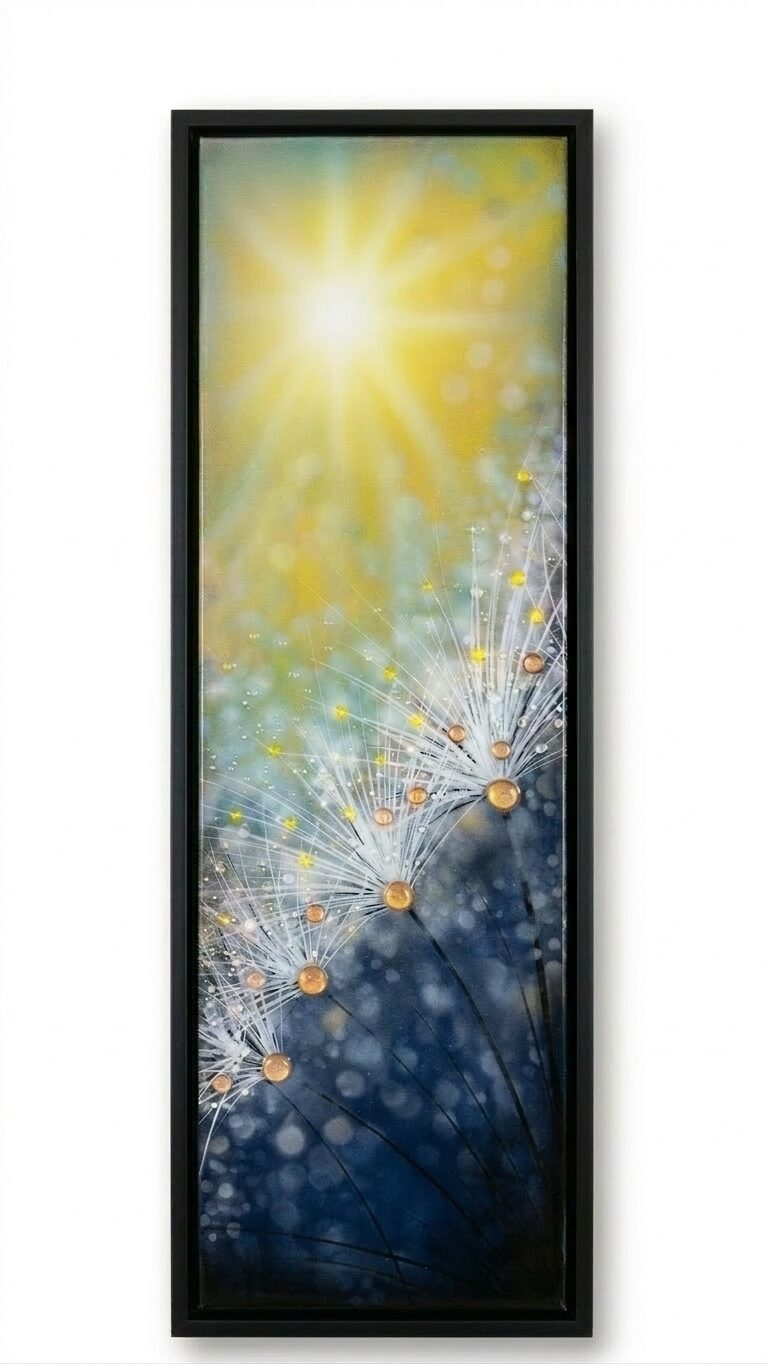 Vertical framed artwork with a bright yellow sun, dandelions, and a blue background.