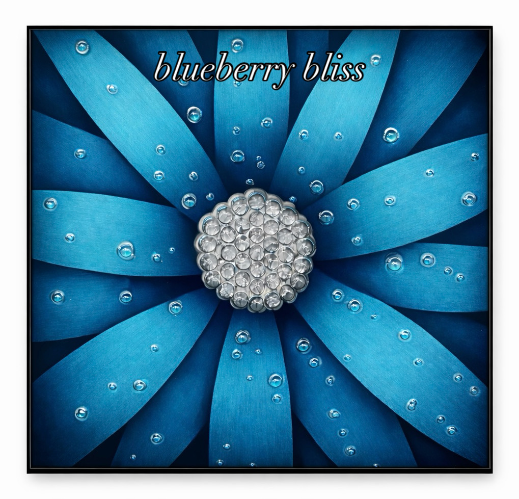 Blue flower with a cluster of pearls in the center, with water droplets on petals, and the text 'blueberry bliss' at the top.
