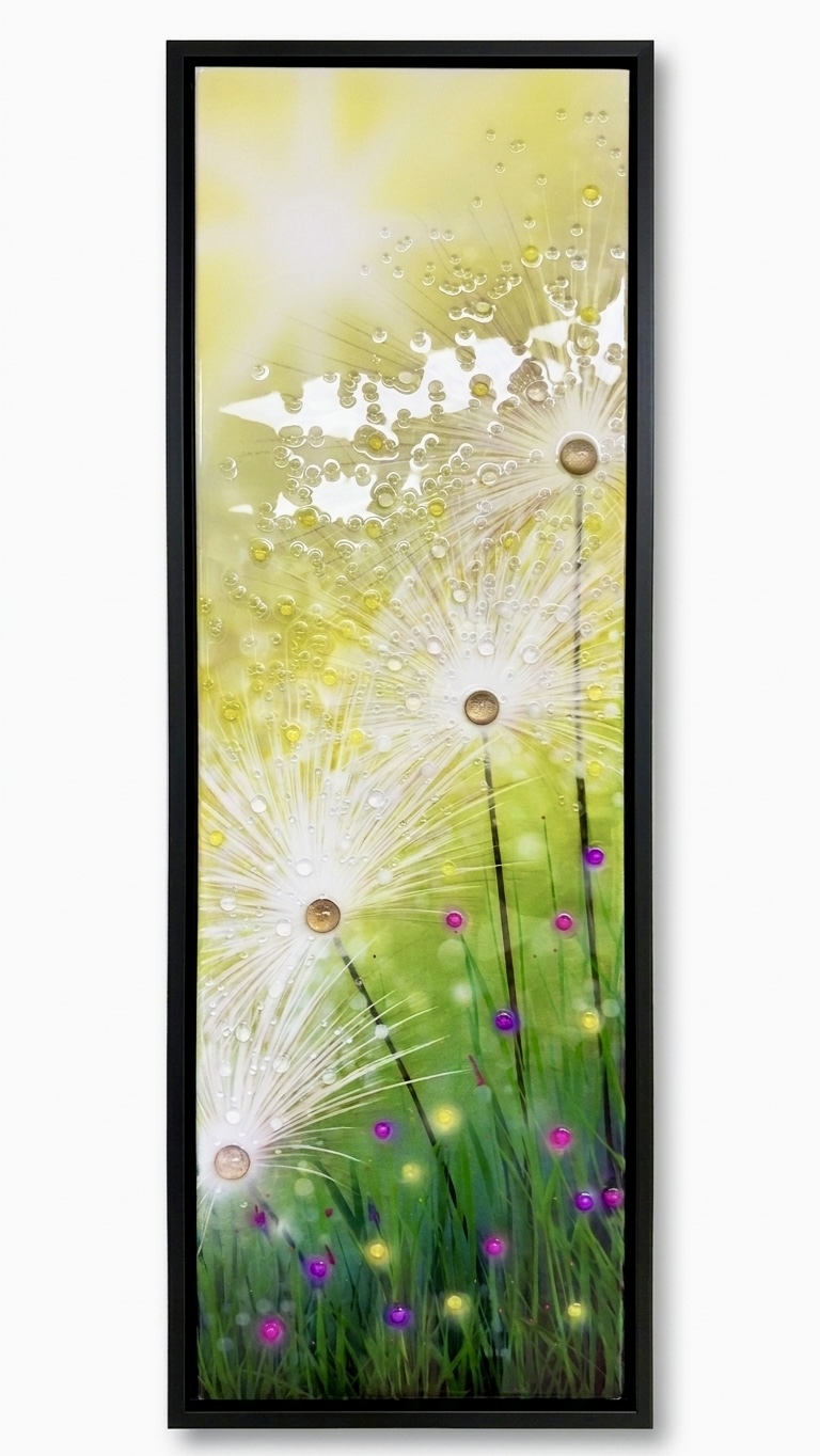 Vertical floral artwork with dandelions and purple flowers in green grass, bright yellow background, and a black frame.