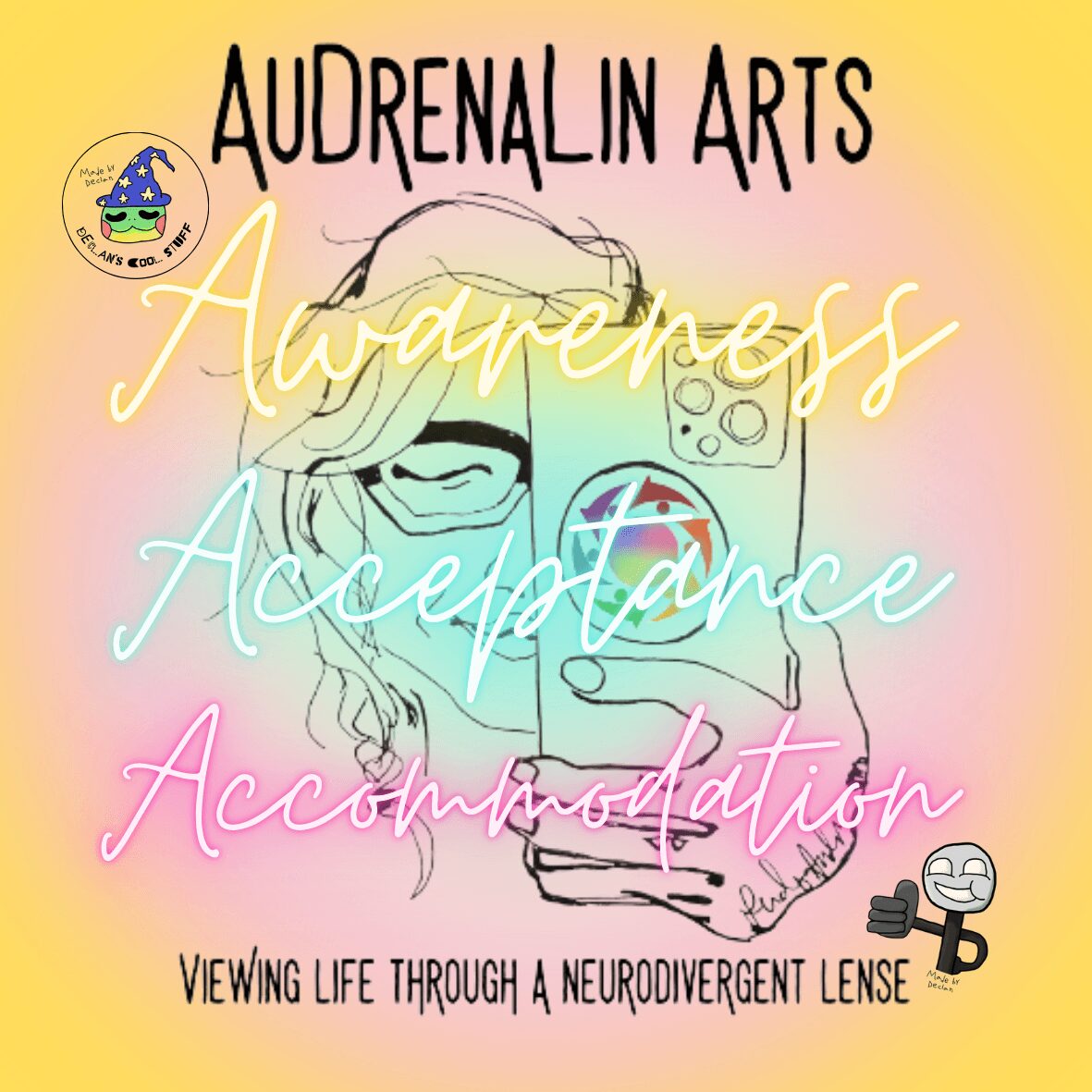 Colorful poster with text about neurodivergent experiences and a line drawing of a person wearing headphones.