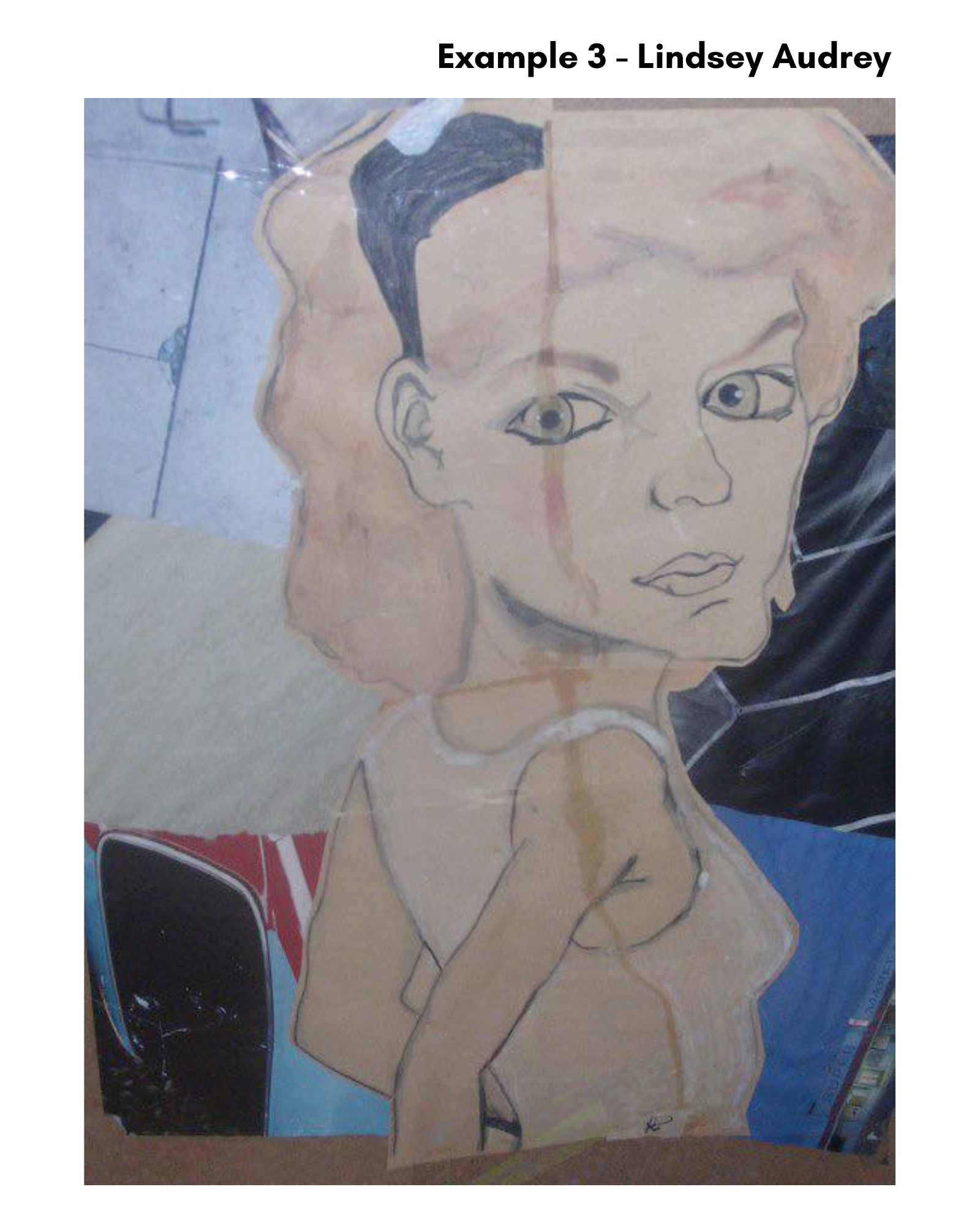 Drawing of a woman with wavy hair, large eyes, and a thoughtful expression, on a textured background.