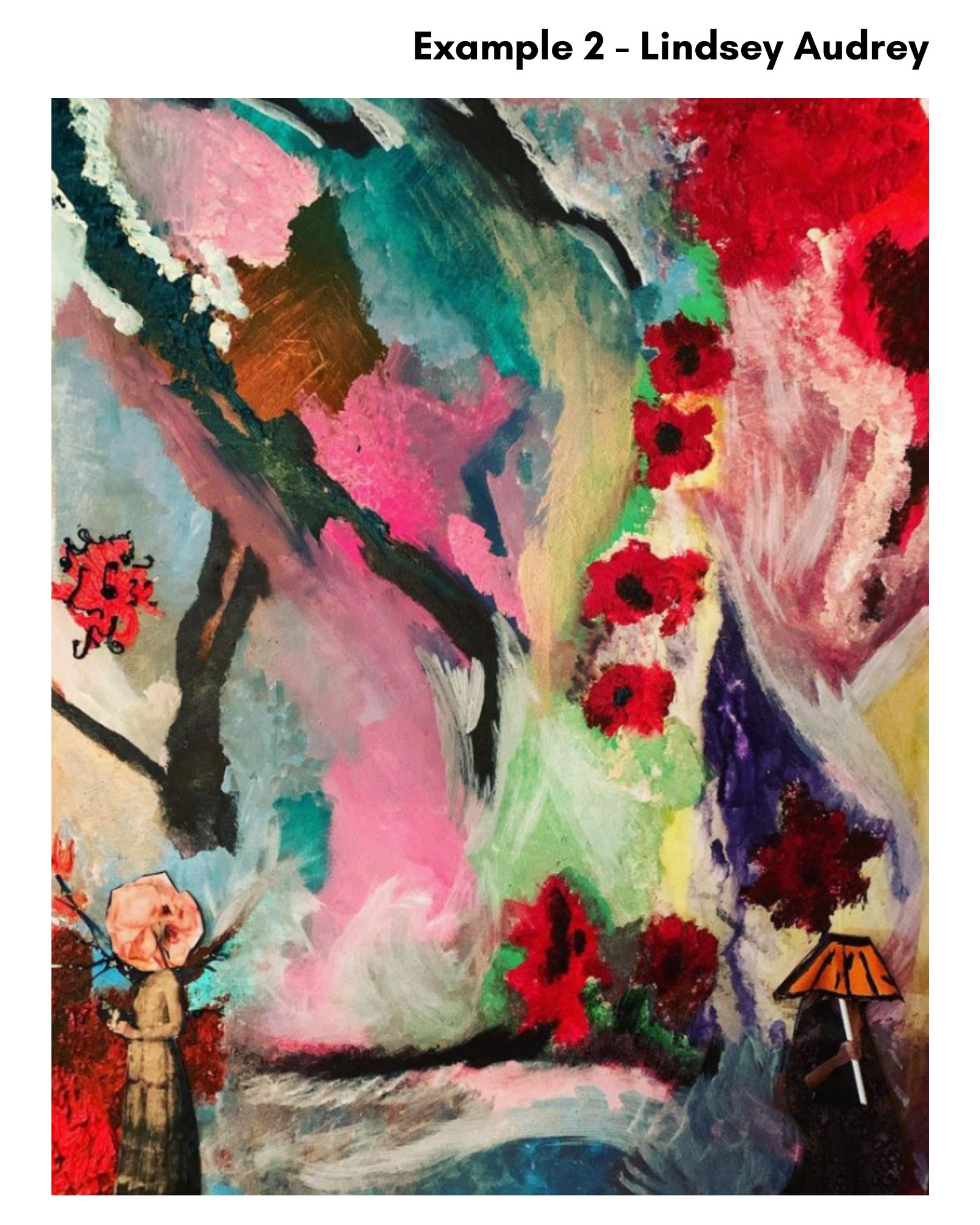 Colorful abstract painting with a person in the lower left corner, trees, and a small structure on the right.