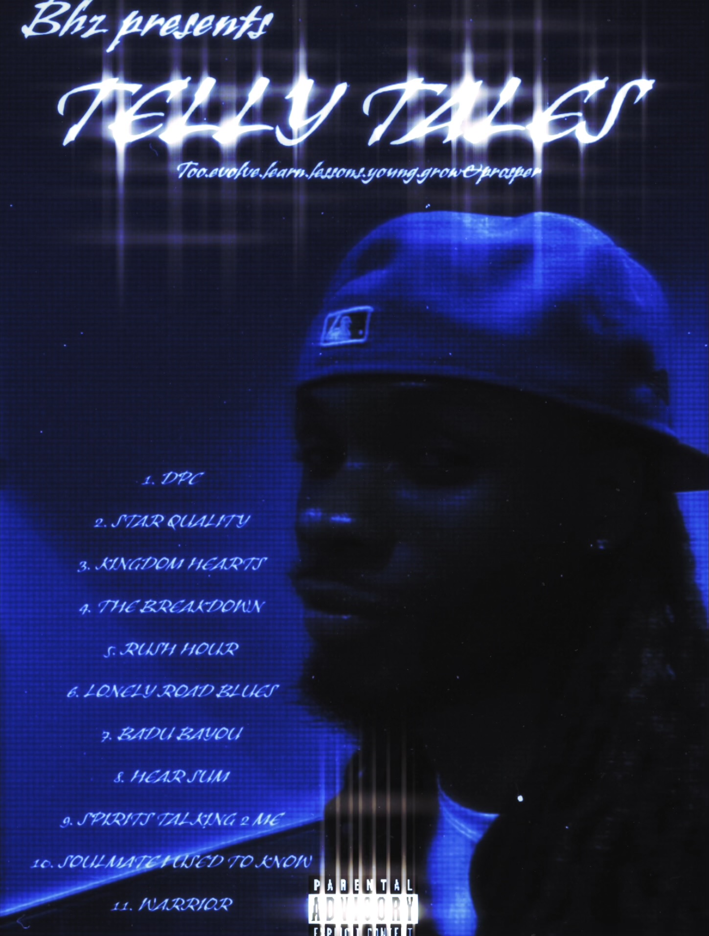 A person wearing a cap with neon-style text and list of features in blue, dark background, and a silhouette profile.
