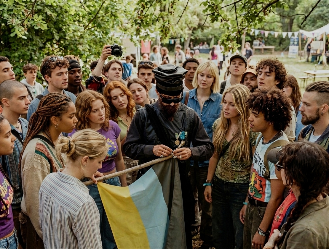 Group of diverse young people gathered outdoors around a person holding a flag, trees and tents in background.