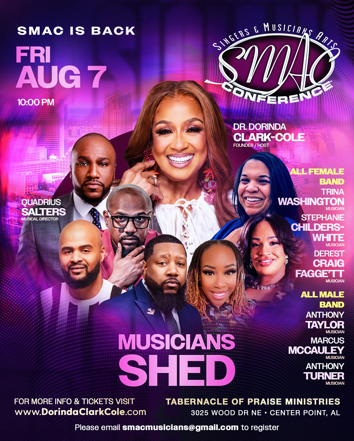 Group of seven smiling musicians and singers, event details for SMAC Conference, August 7, 10 PM, at Tabernacle of Praise, Washington.