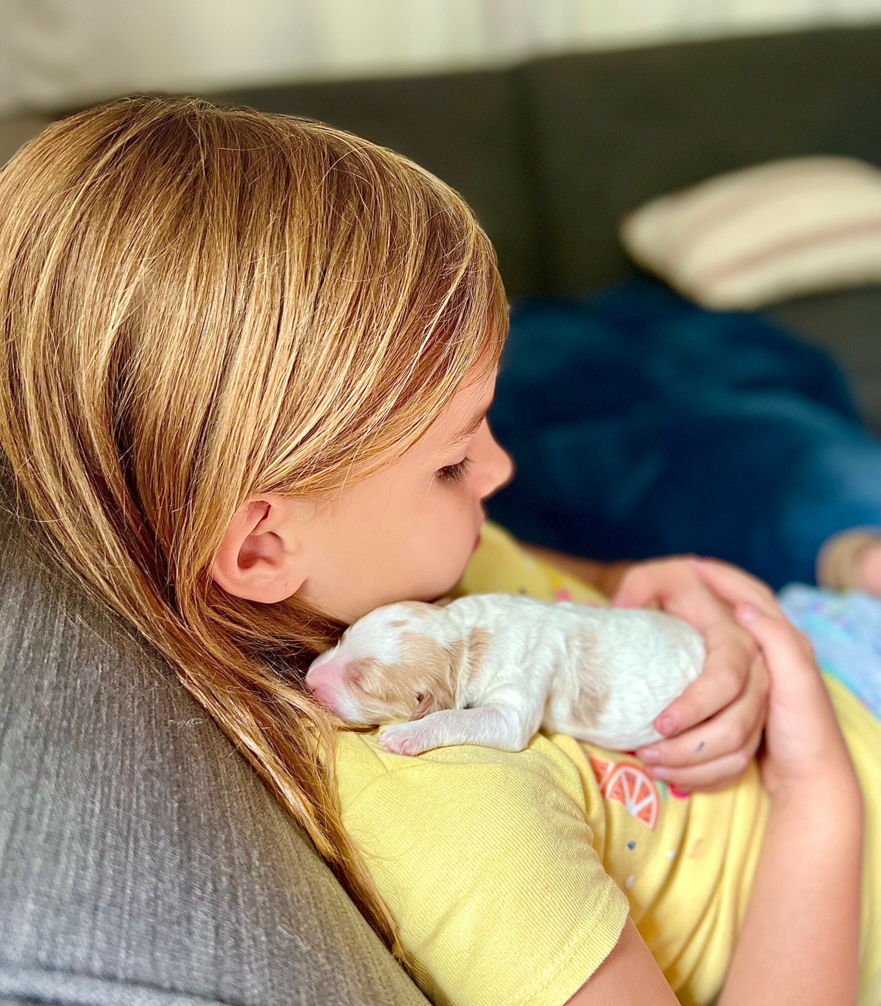 Child with long hair holding a small puppy, resting on a couch with a pillow in the background.