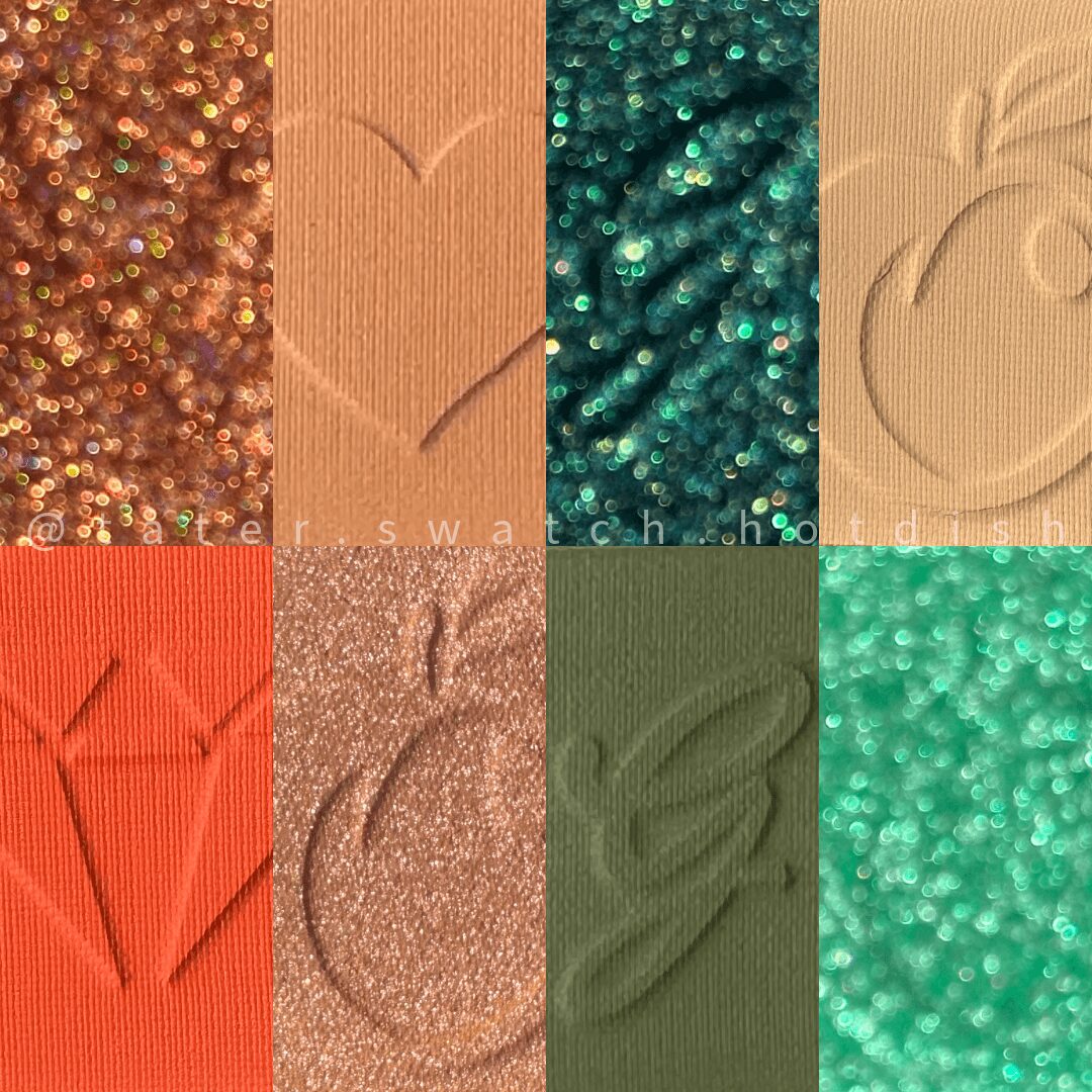 Collage of eight textured and glittery makeup eyeshadow palettes in various colors.