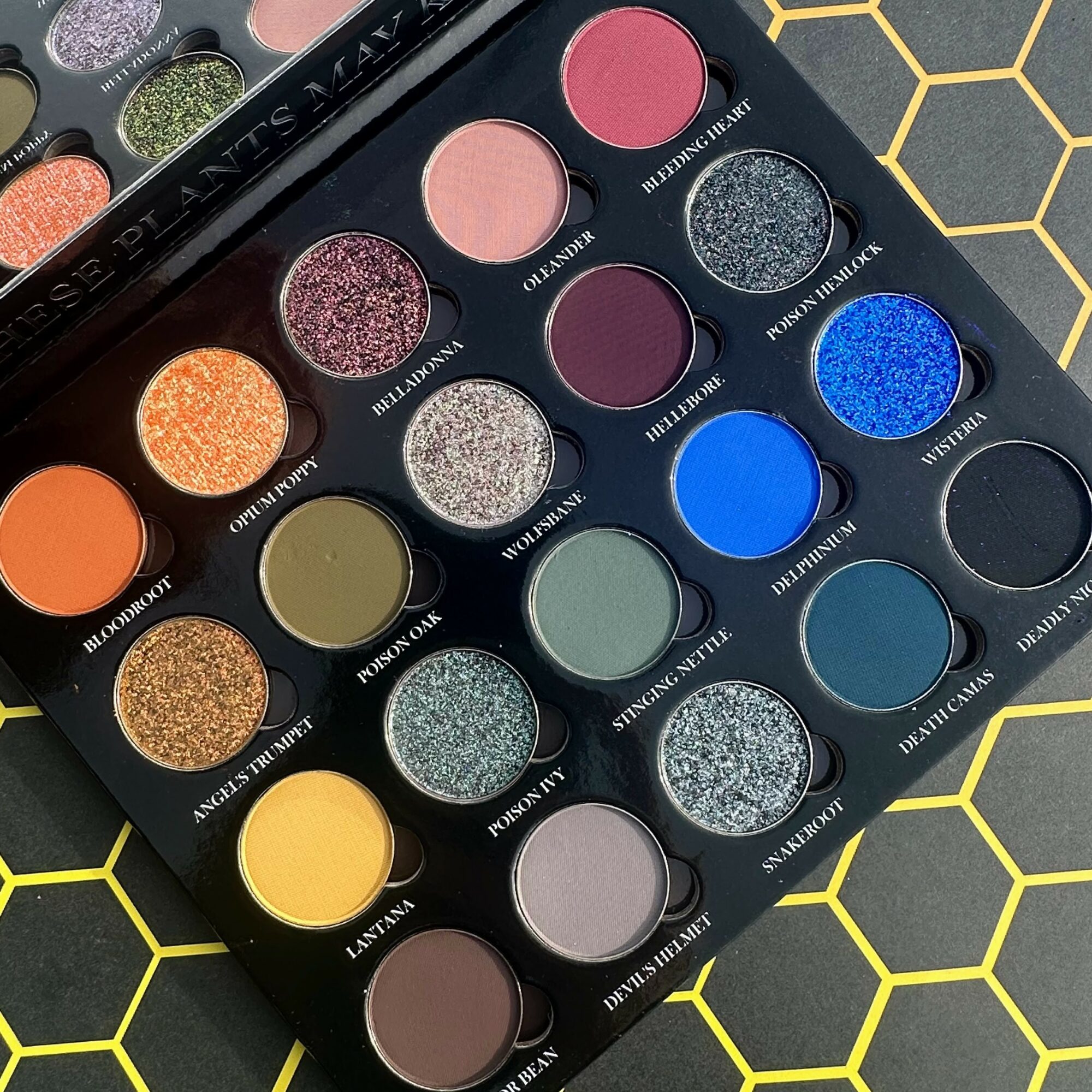 Eyeshadow palette with pink, purple, blue, green, yellow, and neutral shades, arranged in rows on a black background.
