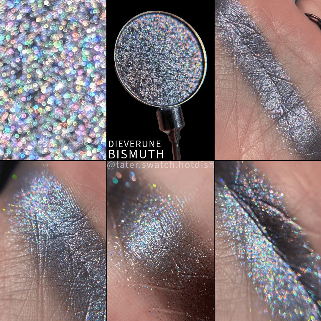 Close-up of iridescent glitter, magnifying glass, eye makeup with glitter, and shimmering eye shadow, showing sparkly textures.
