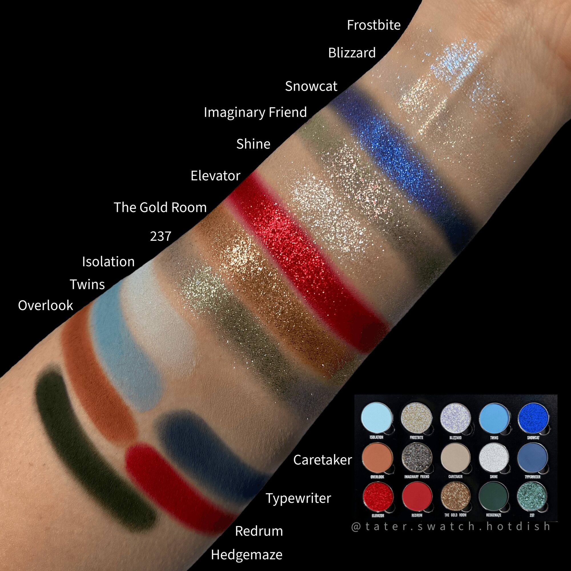 Swatches of various makeup shades on skin, labeled with names like Frostbite, Blizzard, Snowcat, and others, arranged diagonally.