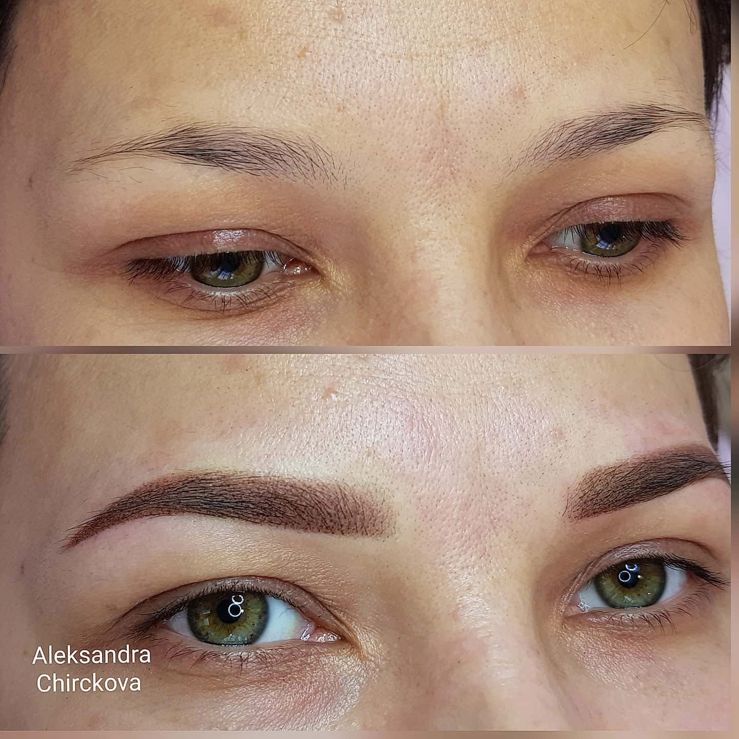 Close-up of a person's face showing before and after eyebrow makeup, with natural eyebrows above and filled-in eyebrows below.