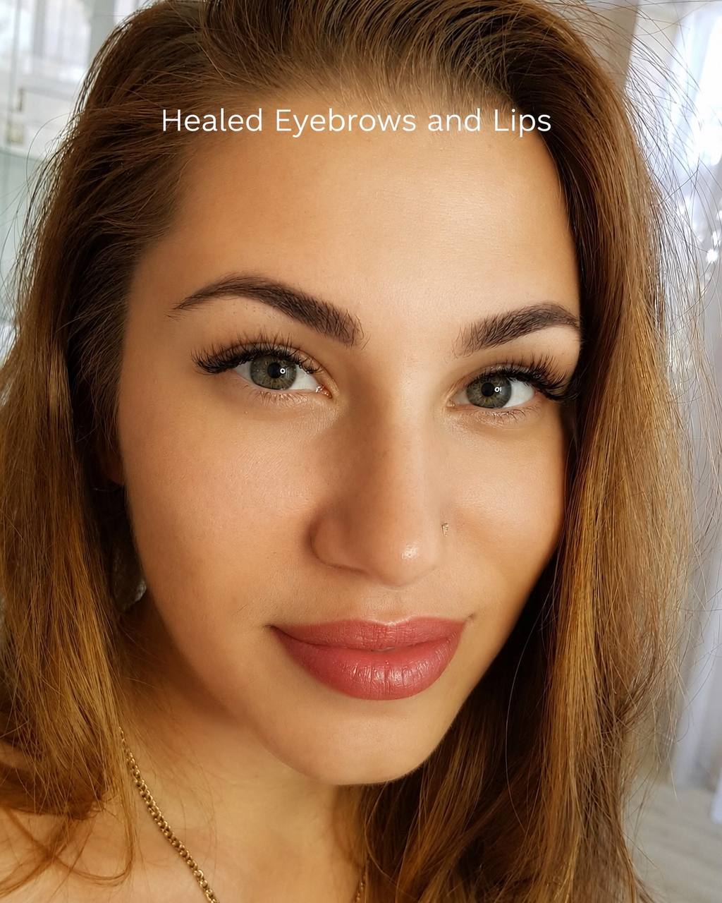 Close-up of a woman with well-groomed eyebrows and lips, smiling softly, with text 'Healed Eyebrows and Lips' at the top.