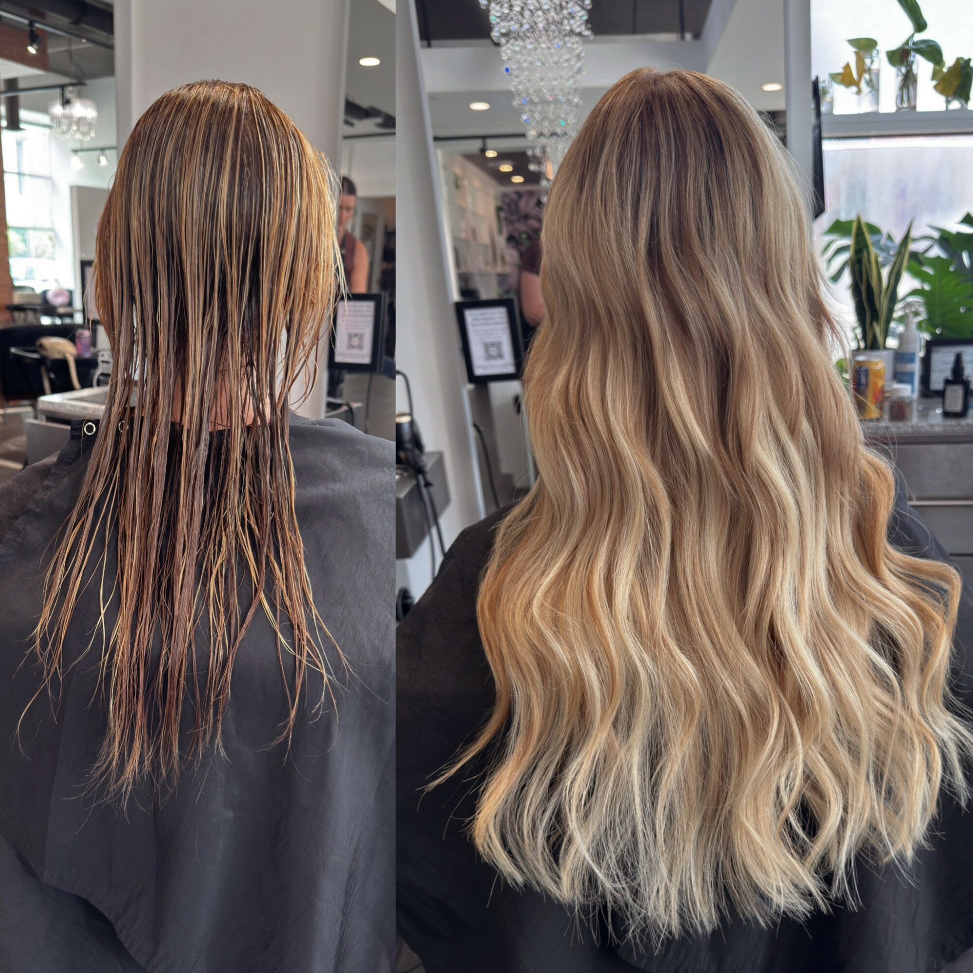 Side-by-side comparison of hair before and after styling, showing wet, straight hair and long, wavy, blonde hair.