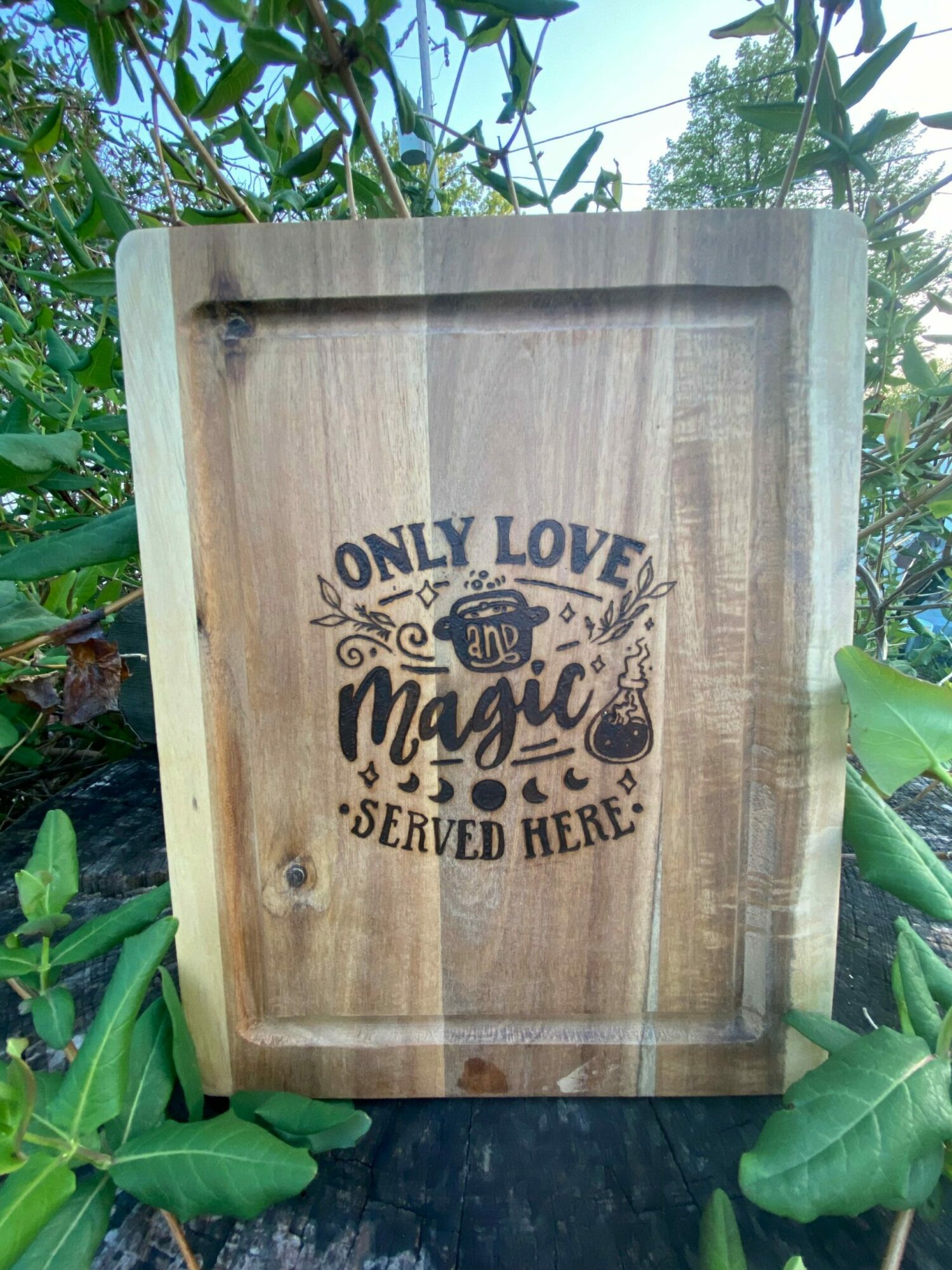 Wooden sign with text and decorative design, surrounded by green plants and leaves.
