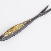 A black fish with gold spots and a forked tail, lying on a white background.