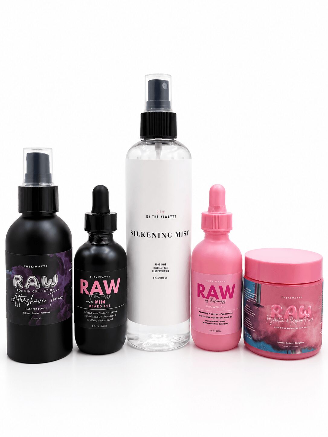 Collection of five hair care products, including sprays, drops, and a jar, arranged in a row on a white background.