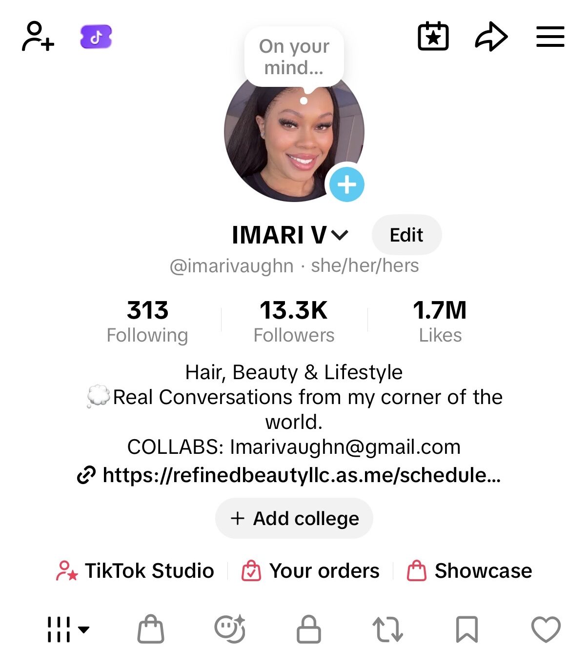 TikTok profile page showing a smiling woman with a speech bubble, follower count, and profile details.